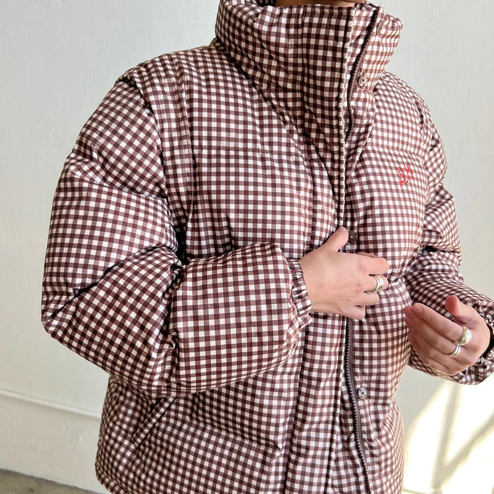 Brown Checkered Women's Puffer Jacket